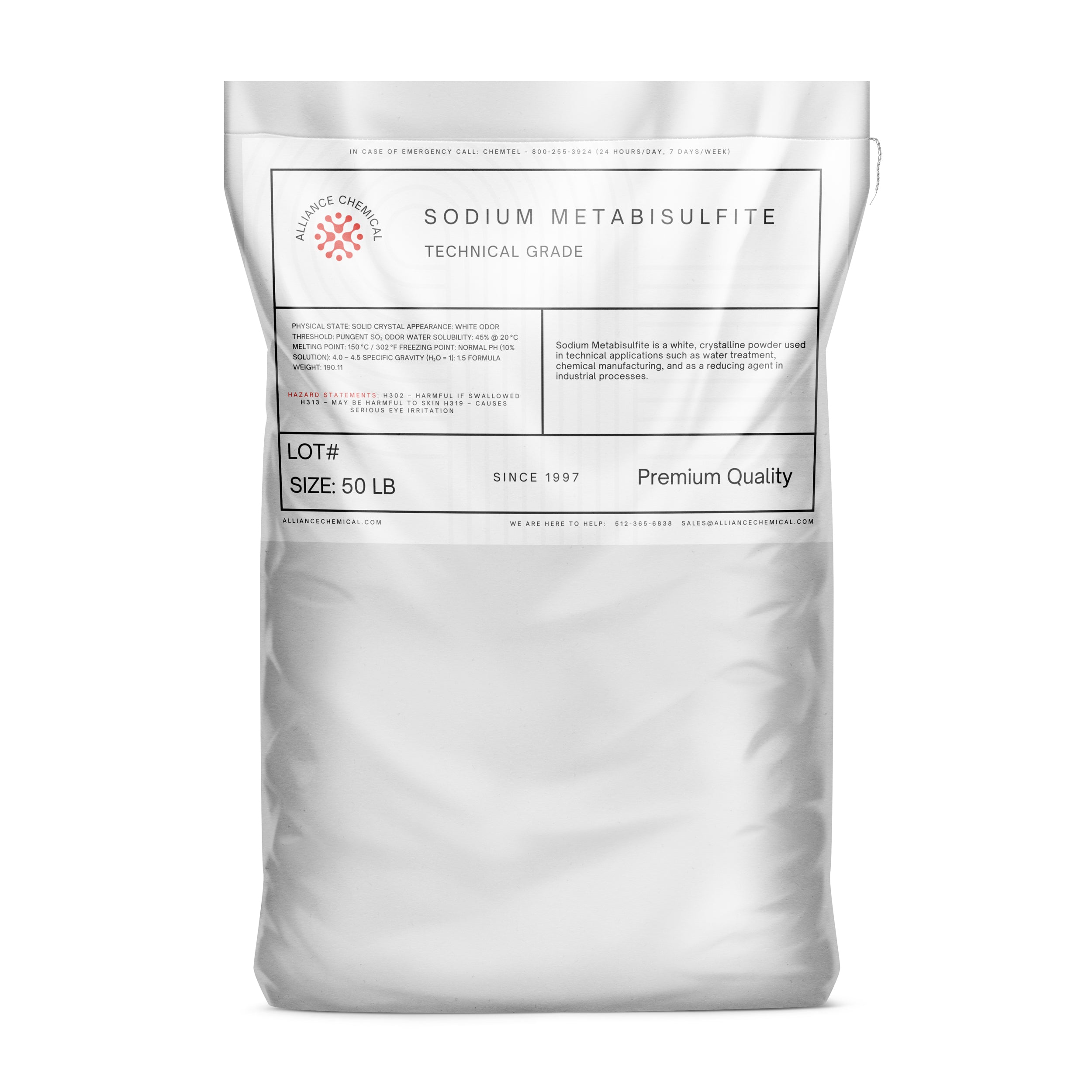 Alliance Chemical sodium metabisulfite technical grade in 50-pound silver plastic bag with clear label